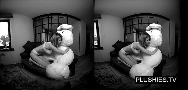  3D VR porn video, Lucy K sucking and jerking off teddy bear and receiving cum on tits
